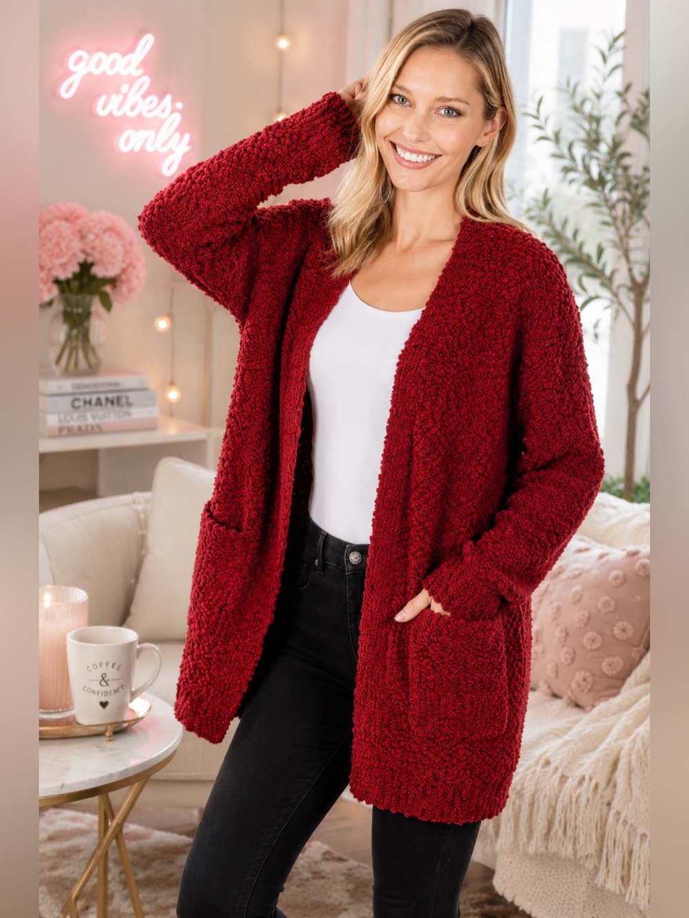 ZENANA CABERNET LONG SLEEVE POPCORN SWEATER CARDIGAN WITH POCKETS